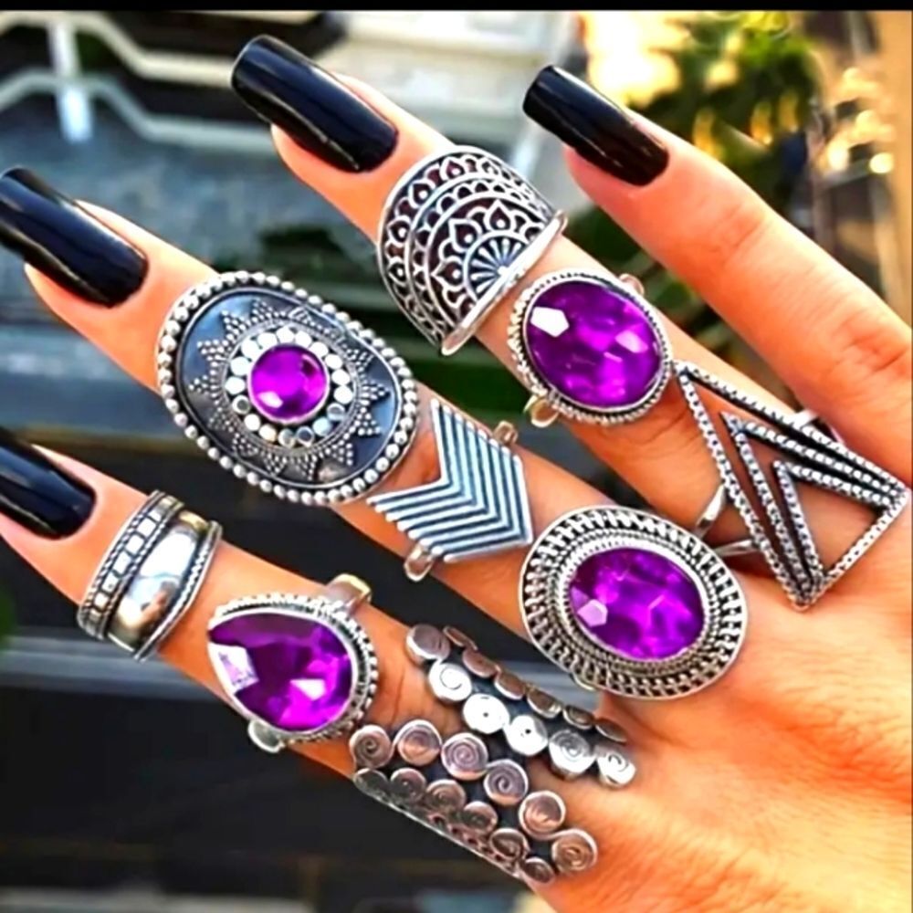 Vintage Geometric Hollow Purple Gemstone 9pcs ring Set For Adults